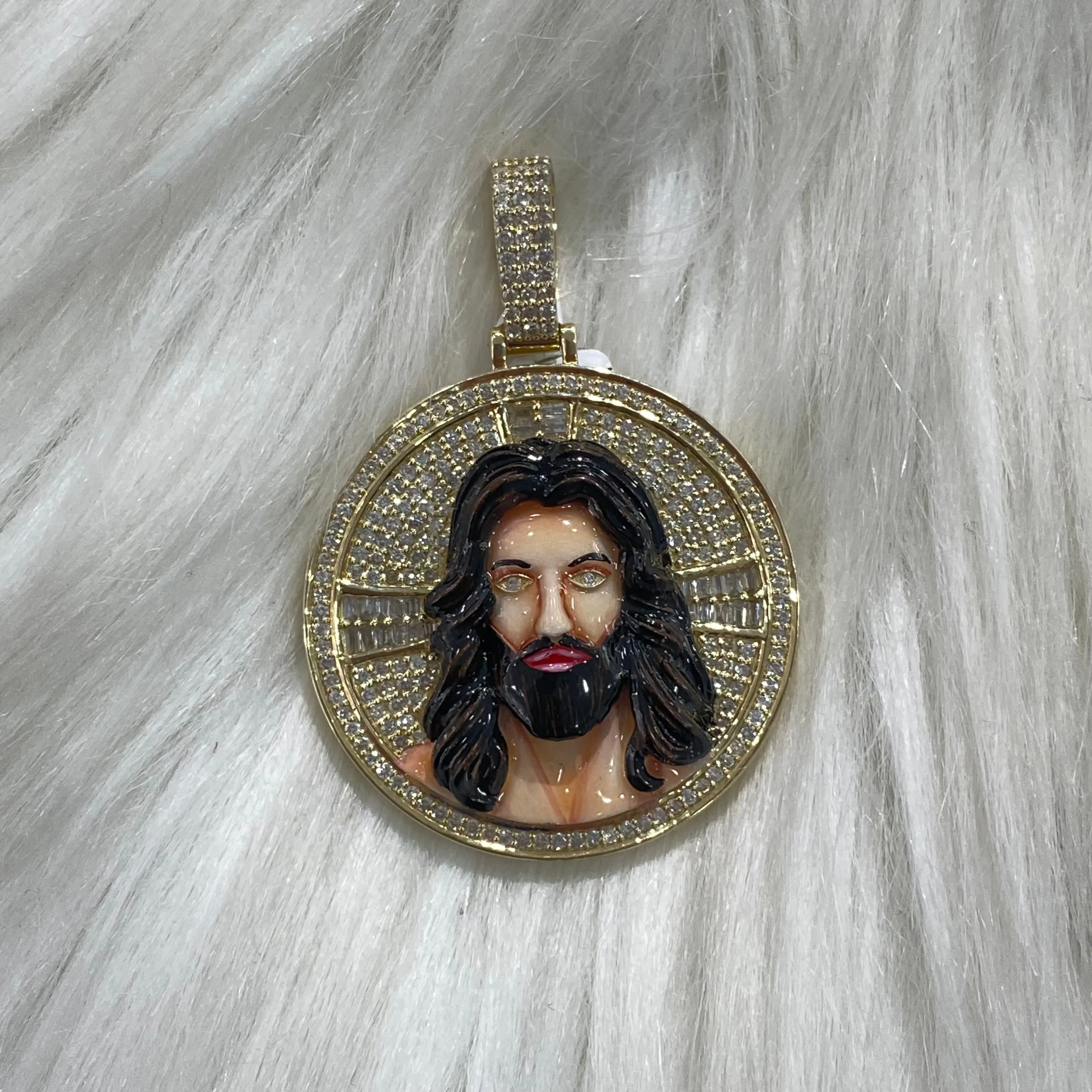 14K Yellow Gold Diamond Jesus Face Round 3D Pendant 1.23Ct Dia / 11.4gr