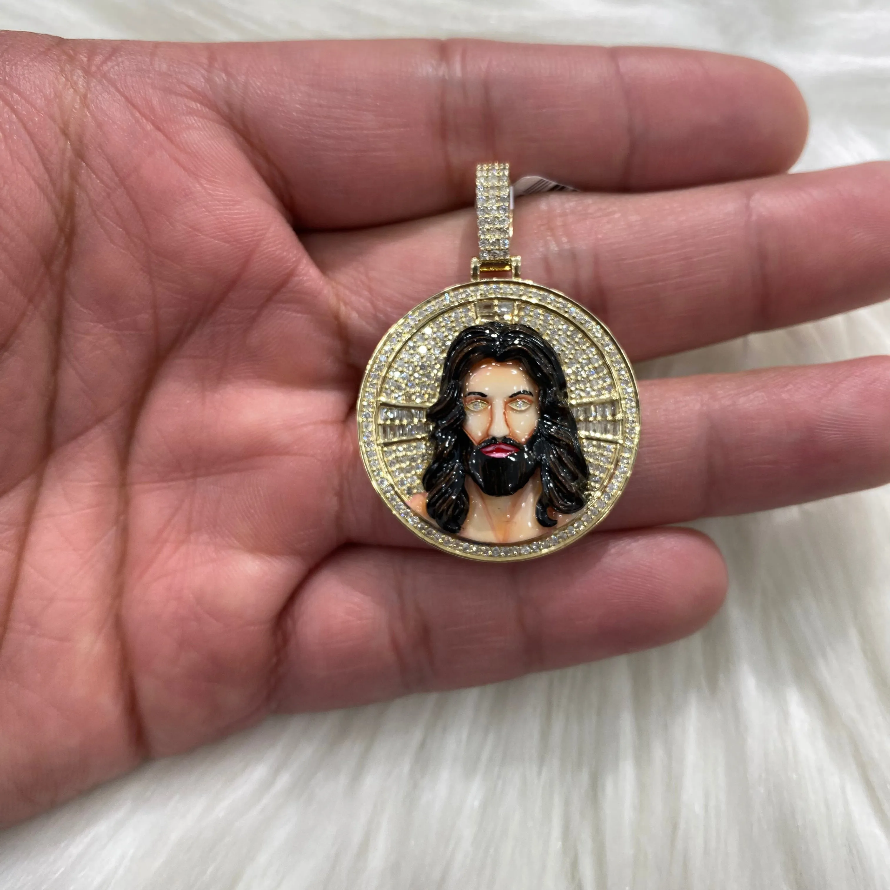 14K Yellow Gold Diamond Jesus Face Round 3D Pendant 1.23Ct Dia / 11.4gr