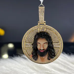 14K Yellow Gold Diamond Jesus Face Round 3D Pendant 1.23Ct Dia / 11.4gr