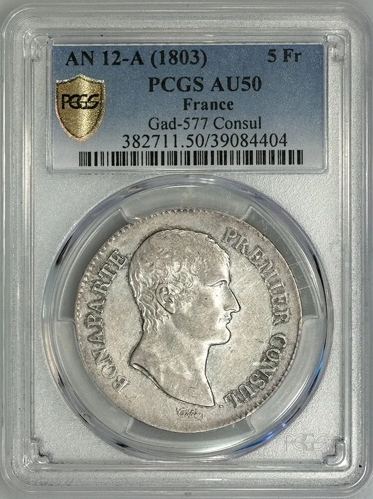 1803-A France Napoleon Silver 5 Francs L'An 12-A KM.660.1 - PCGS AU 50