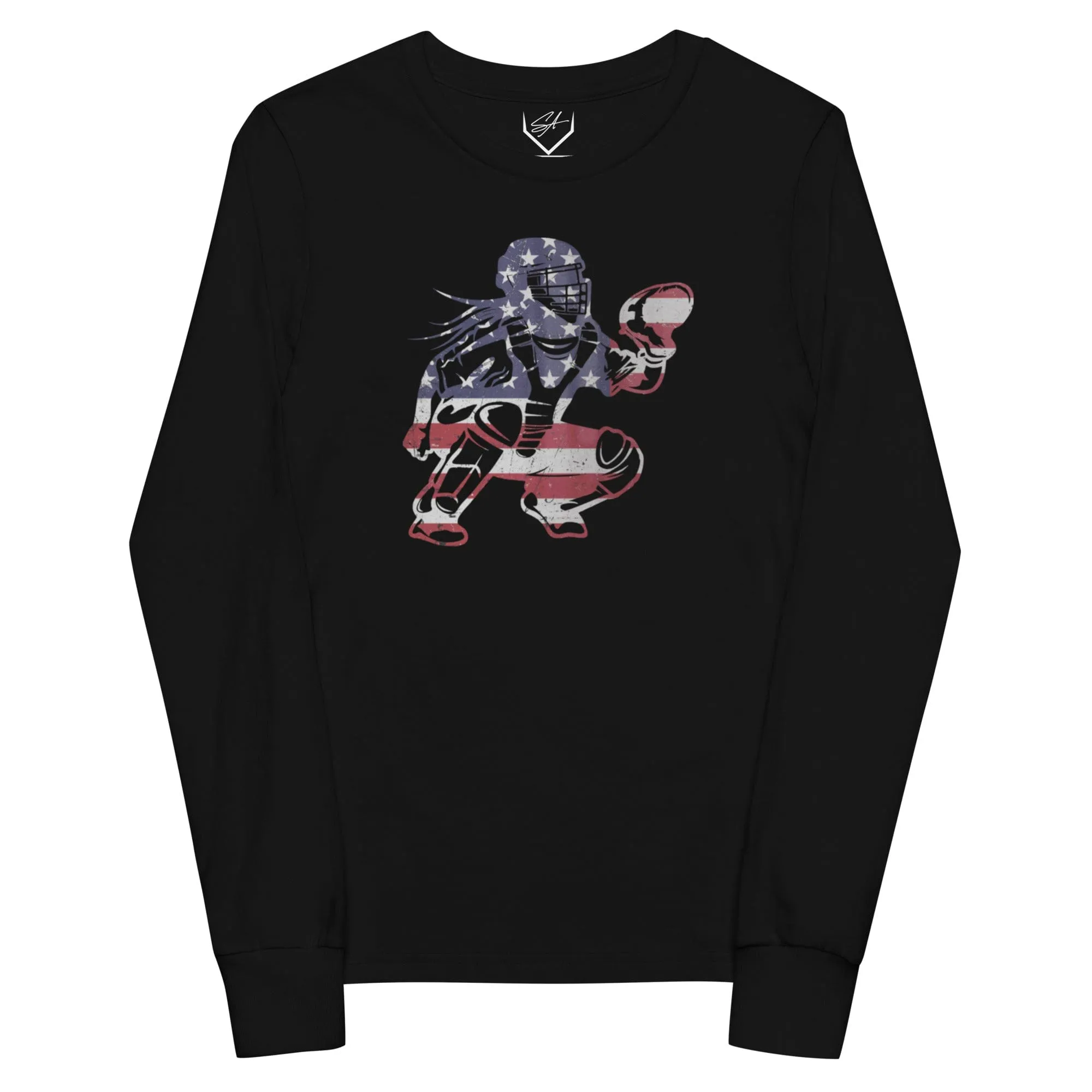 American Flag Softball Catcher - Youth Long Sleeve