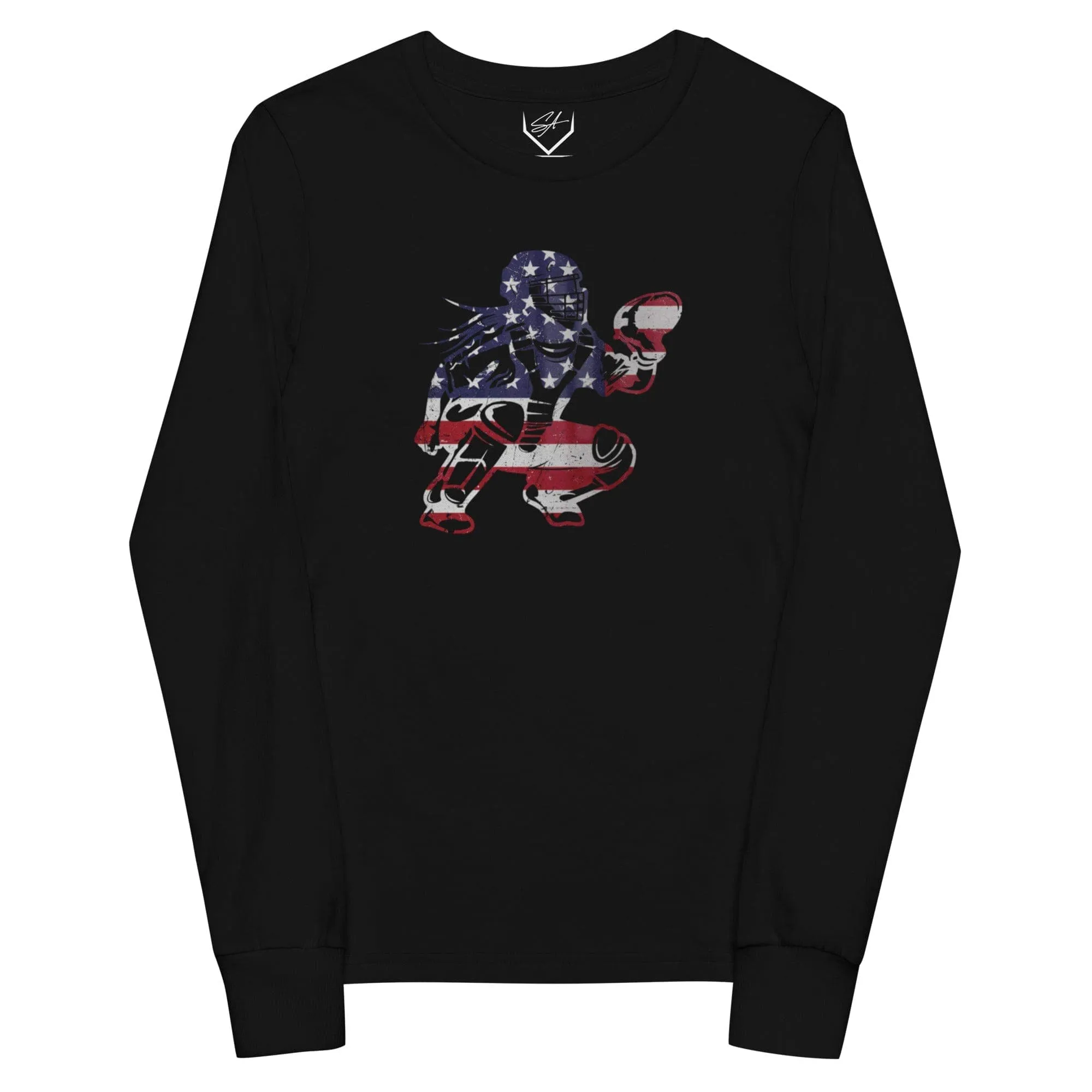 American Flag Softball Catcher - Youth Long Sleeve