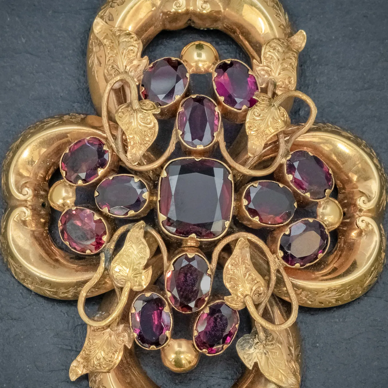 Antique Victorian Almandine Garnet Ivy Pendant 18Ct Gold Circa 1880