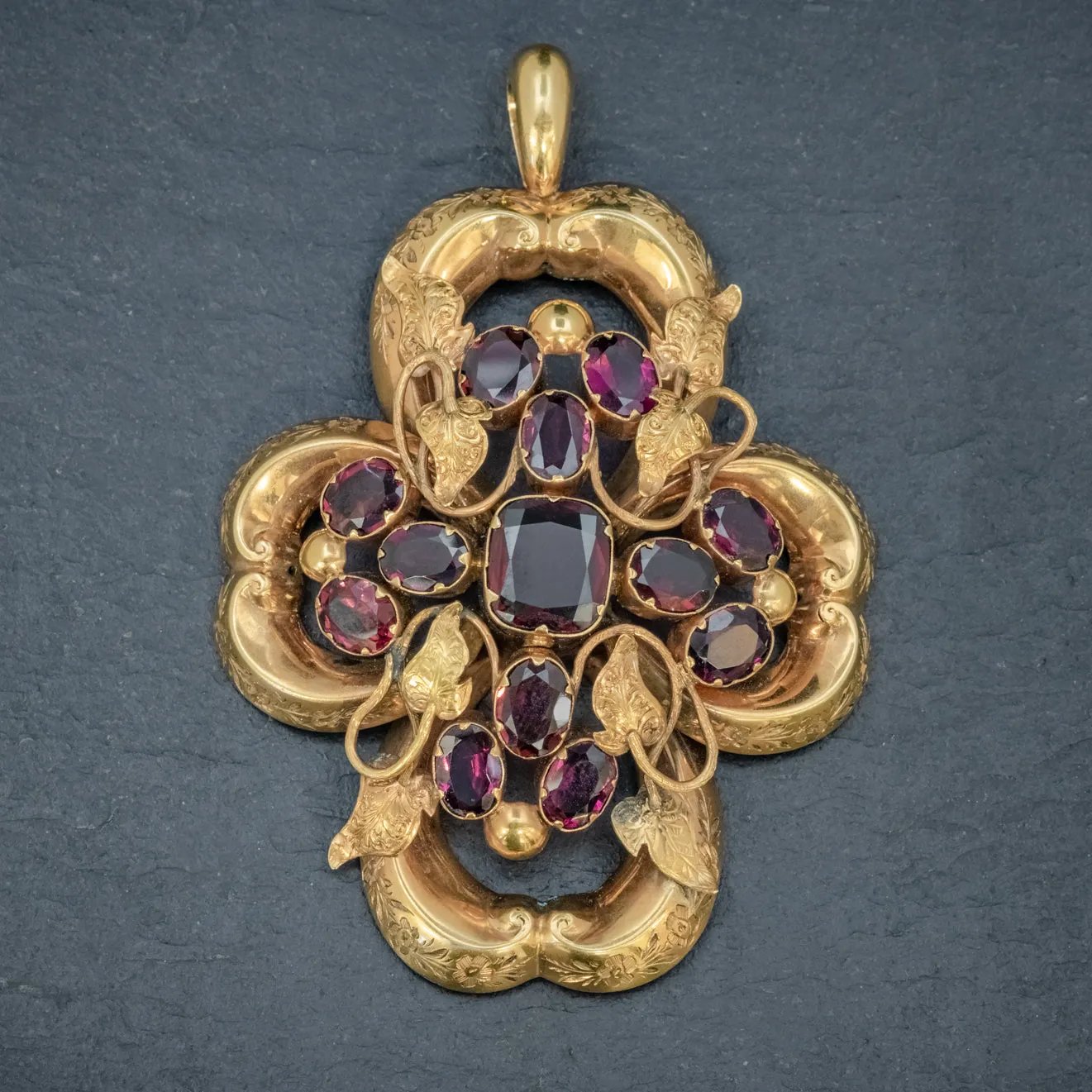 Antique Victorian Almandine Garnet Ivy Pendant 18Ct Gold Circa 1880