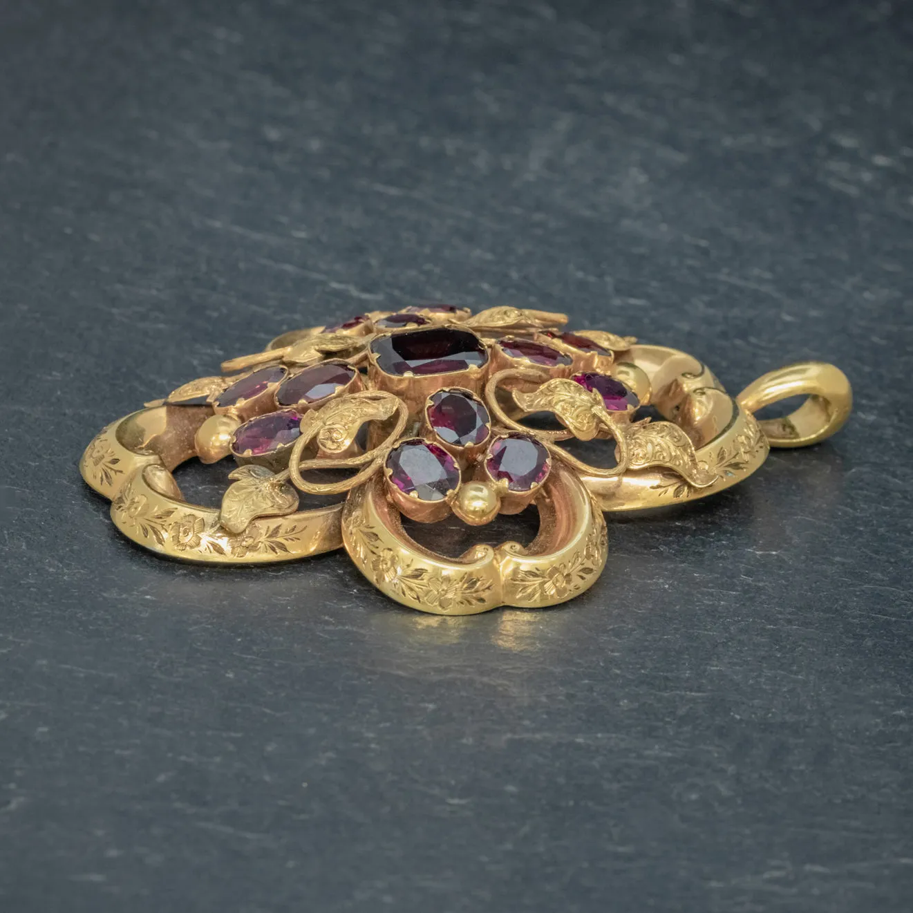 Antique Victorian Almandine Garnet Ivy Pendant 18Ct Gold Circa 1880