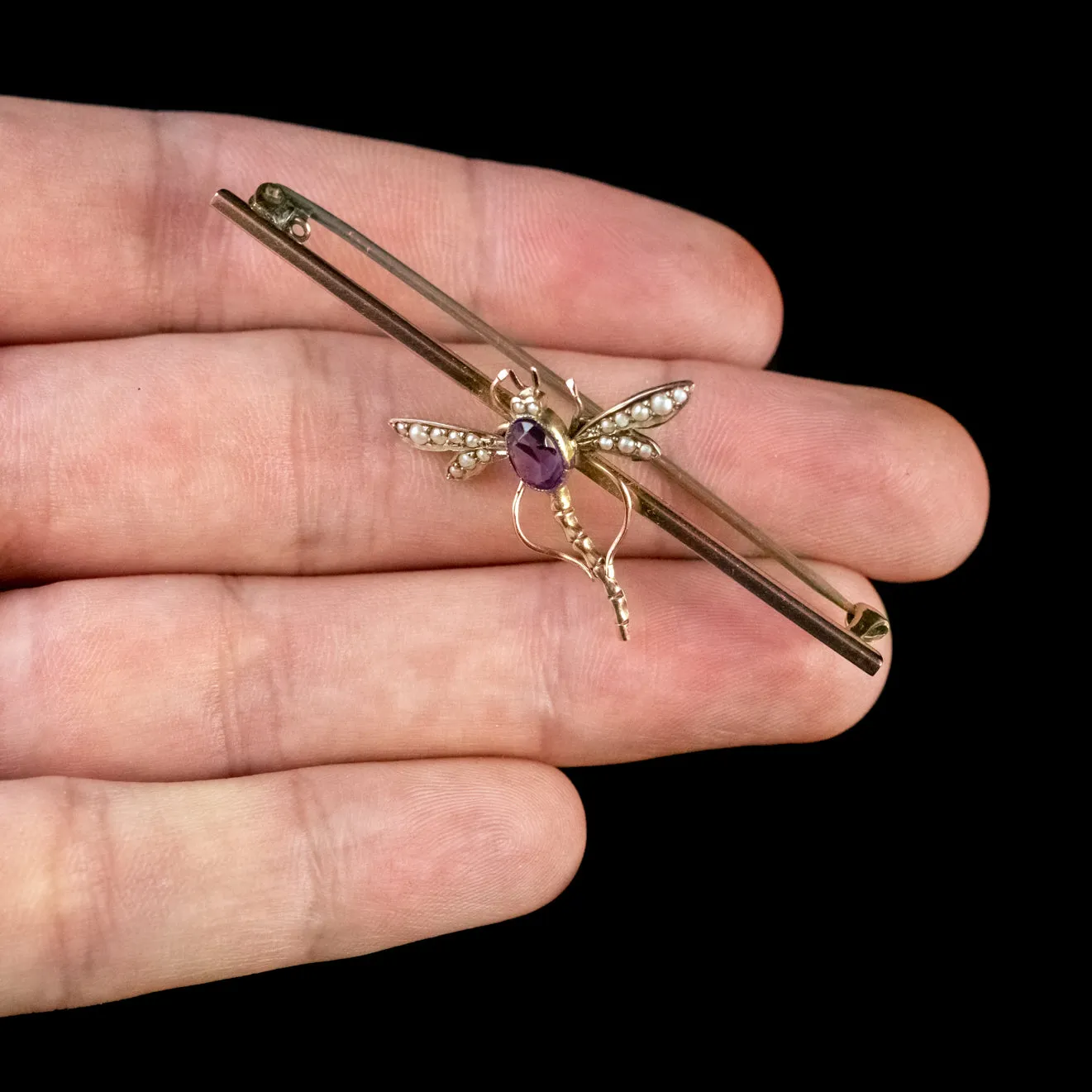 Antique Victorian Amethyst Pearl Dragonfly Brooch 9Ct Gold Circa 1900 Boxed