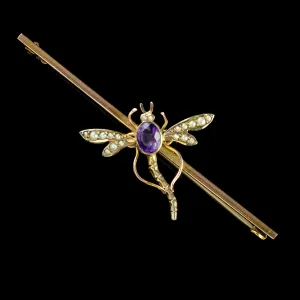 Antique Victorian Amethyst Pearl Dragonfly Brooch 9Ct Gold Circa 1900 Boxed