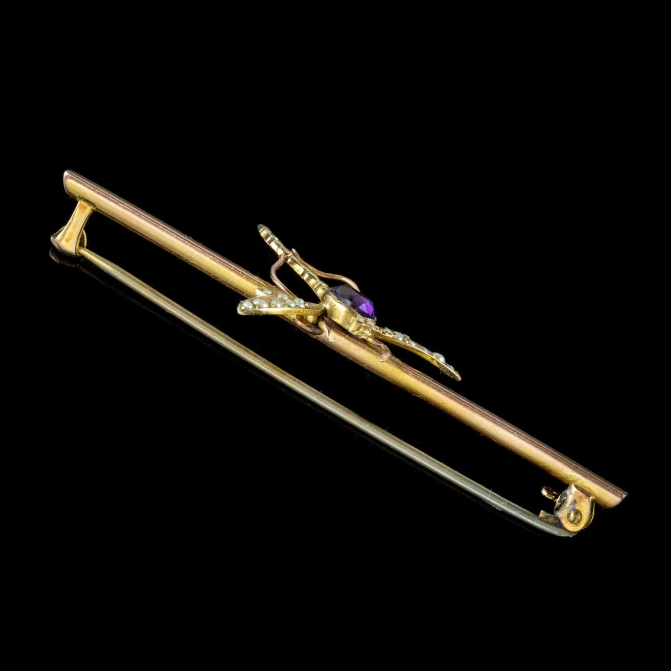 Antique Victorian Amethyst Pearl Dragonfly Brooch 9Ct Gold Circa 1900 Boxed