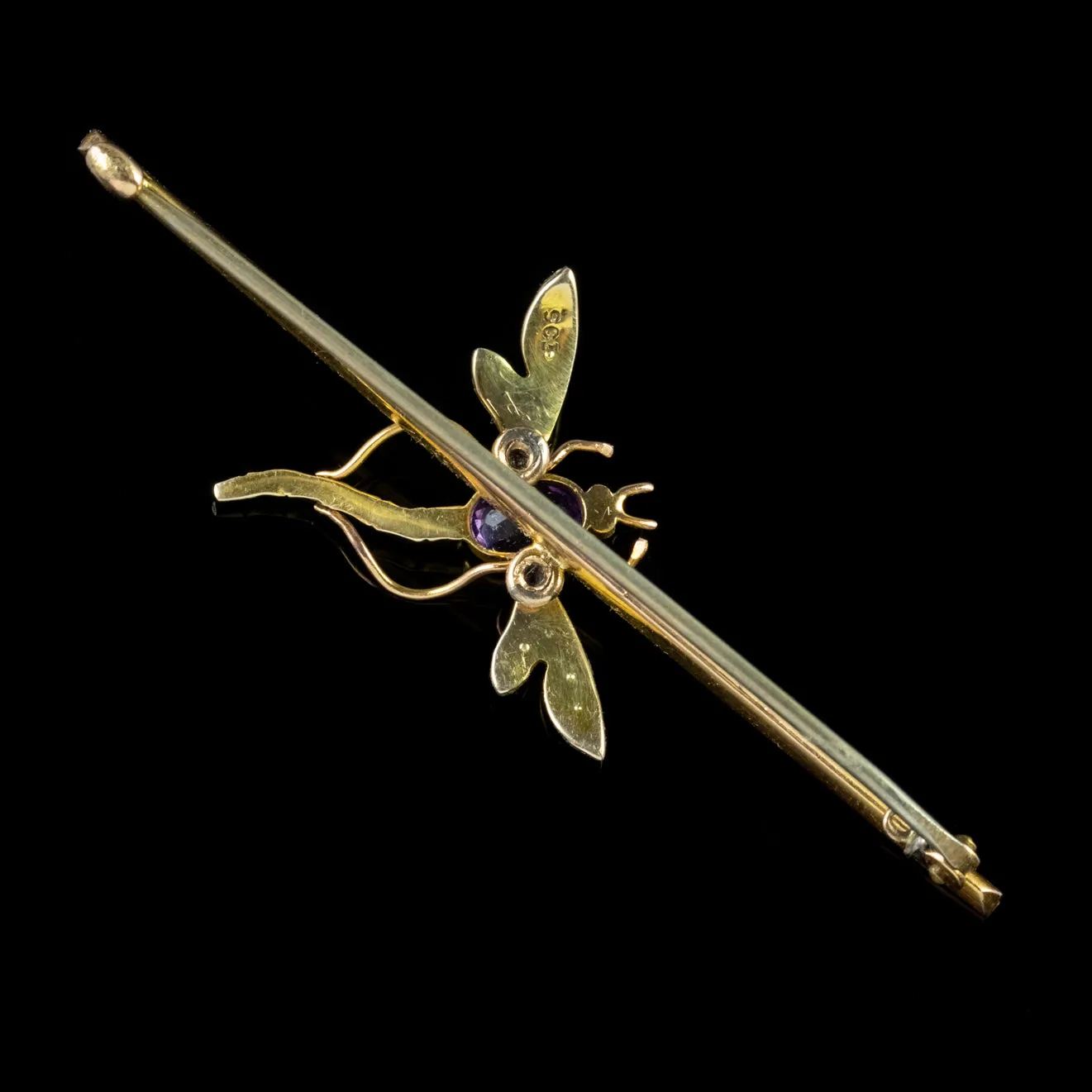 Antique Victorian Amethyst Pearl Dragonfly Brooch 9Ct Gold Circa 1900 Boxed