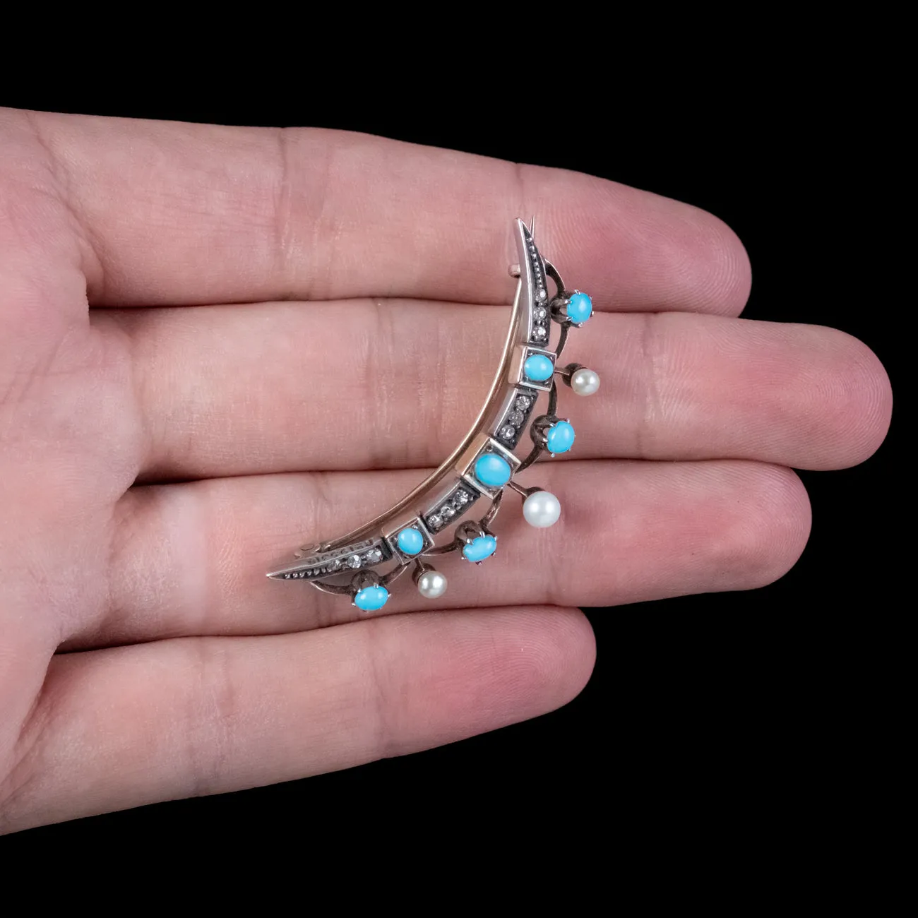 Antique Victorian Crescent Moon Brooch Turquoise Diamond Pearl Circa 1890