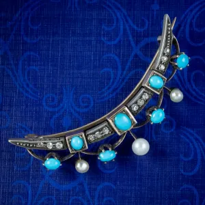 Antique Victorian Crescent Moon Brooch Turquoise Diamond Pearl Circa 1890