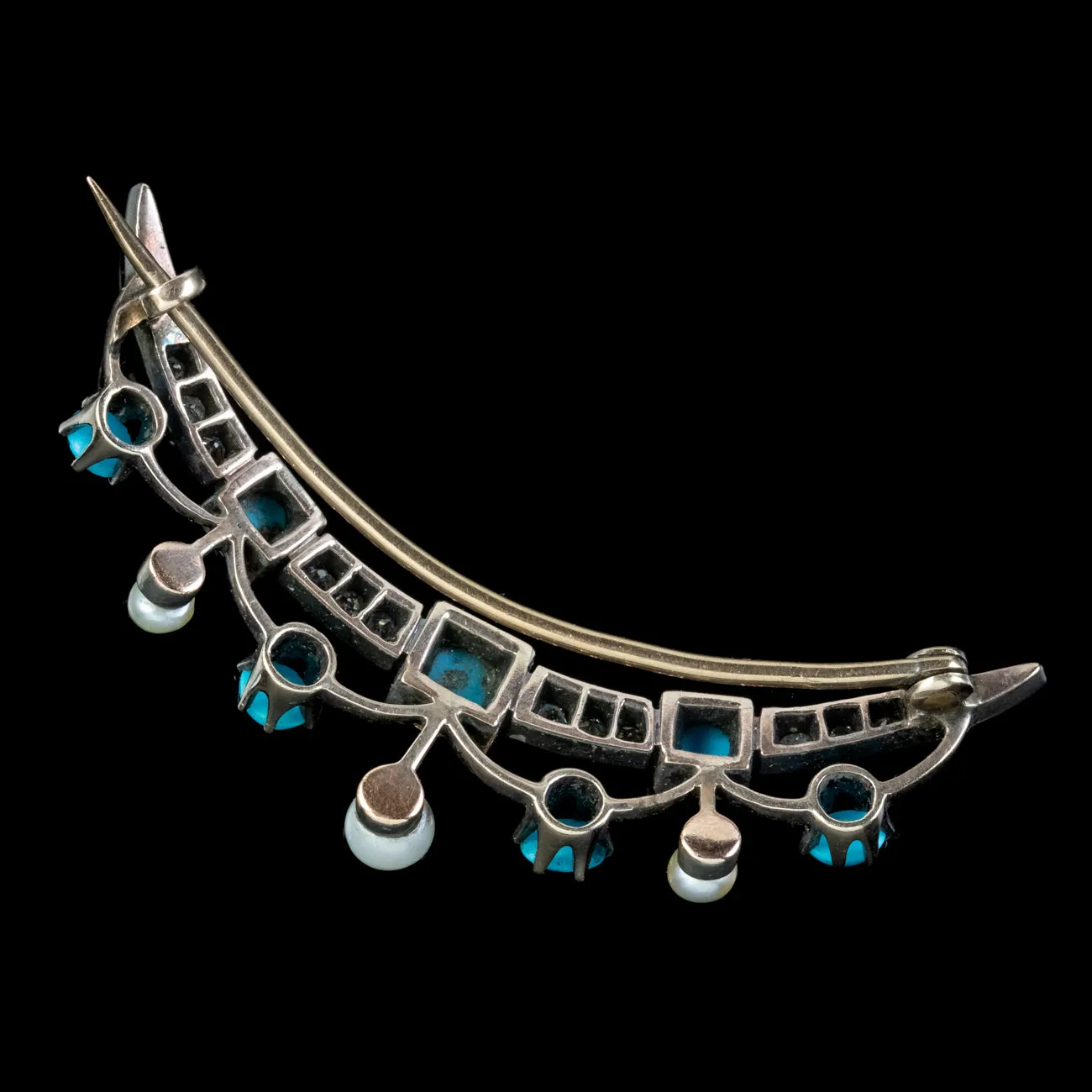 Antique Victorian Crescent Moon Brooch Turquoise Diamond Pearl Circa 1890
