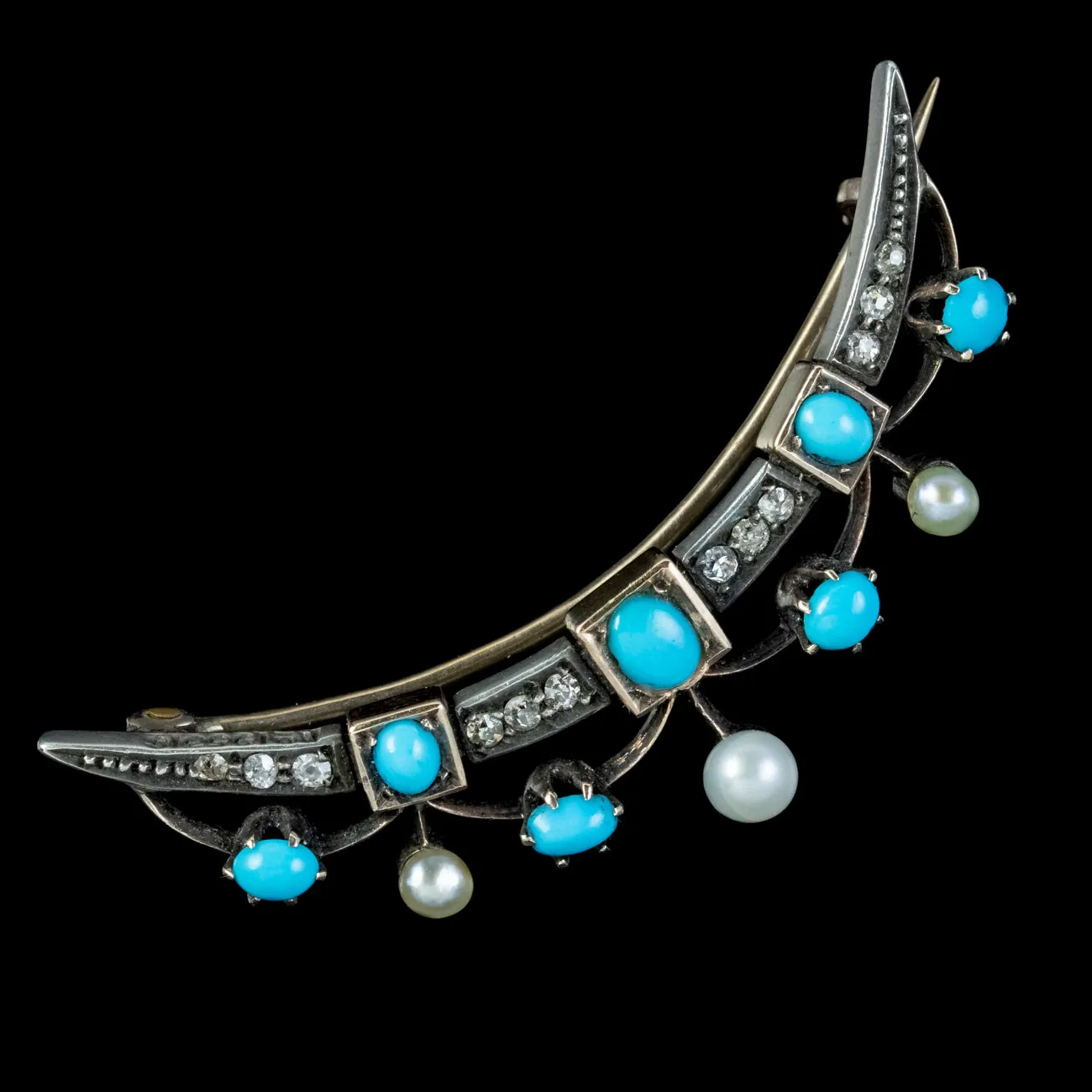Antique Victorian Crescent Moon Brooch Turquoise Diamond Pearl Circa 1890
