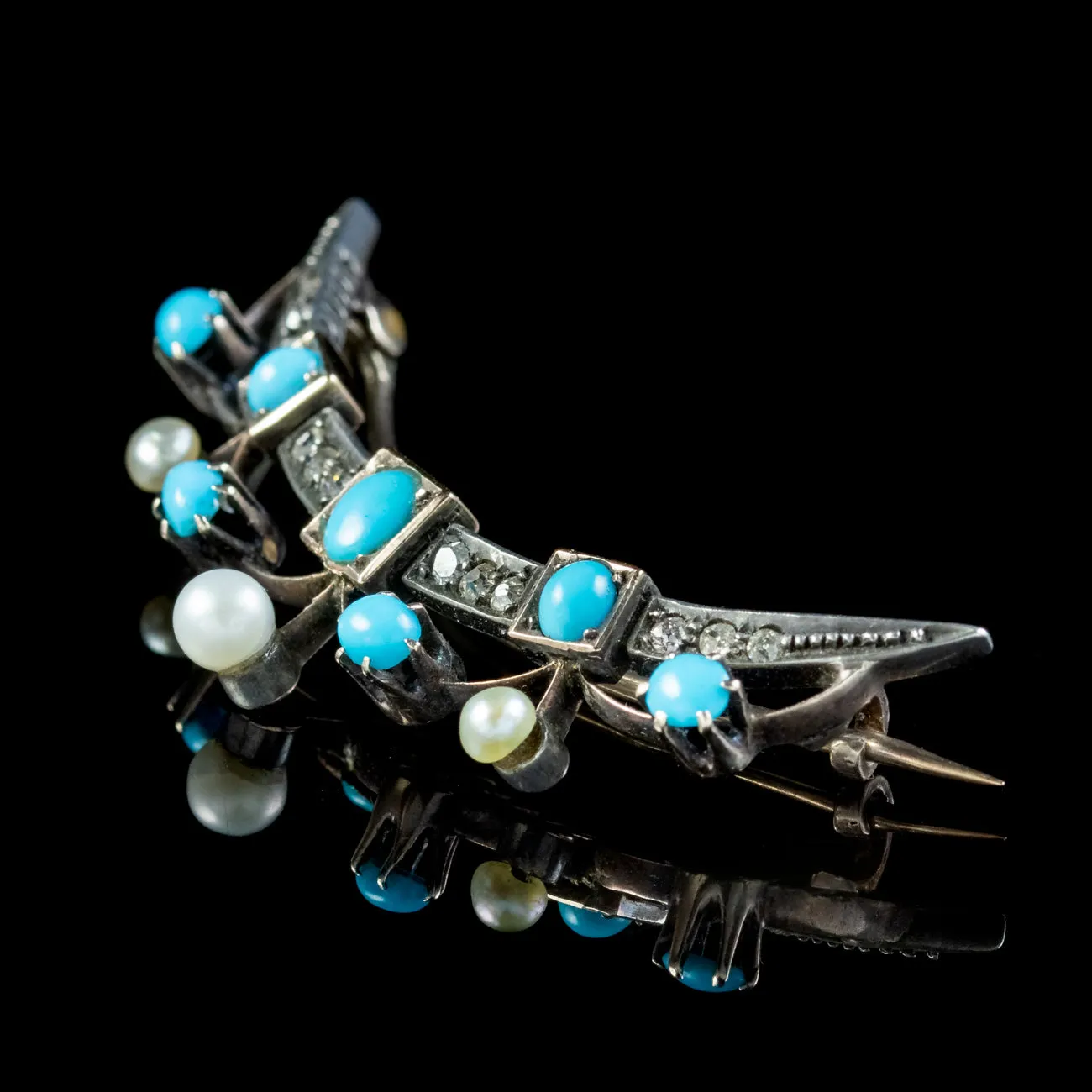 Antique Victorian Crescent Moon Brooch Turquoise Diamond Pearl Circa 1890