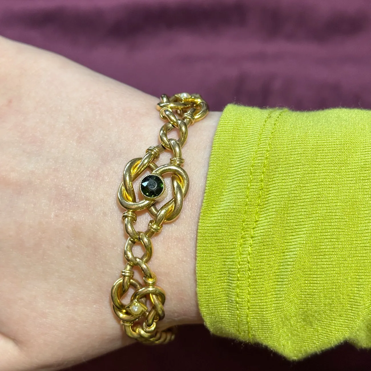 Antique Victorian Green Tourmaline Pearl Curb Bracelet 15ct Gold