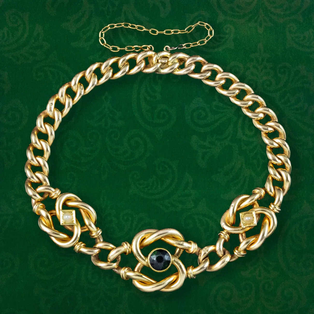 Antique Victorian Green Tourmaline Pearl Curb Bracelet 15ct Gold