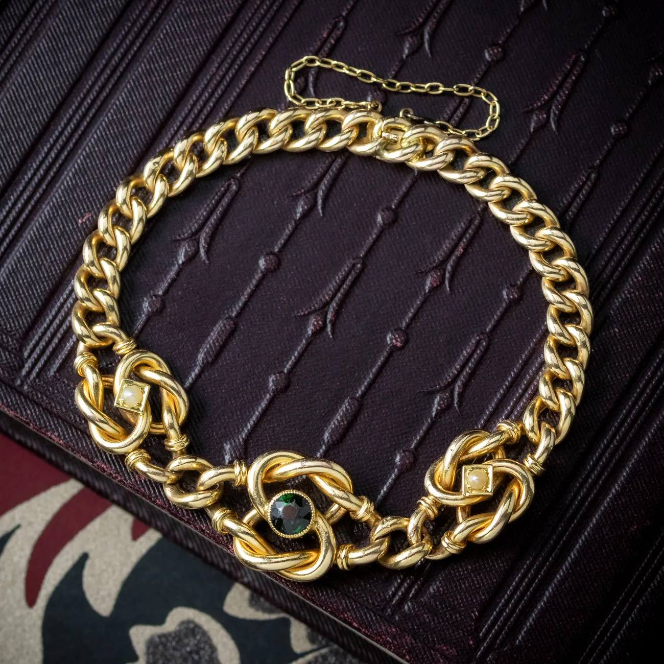 Antique Victorian Green Tourmaline Pearl Curb Bracelet 15ct Gold