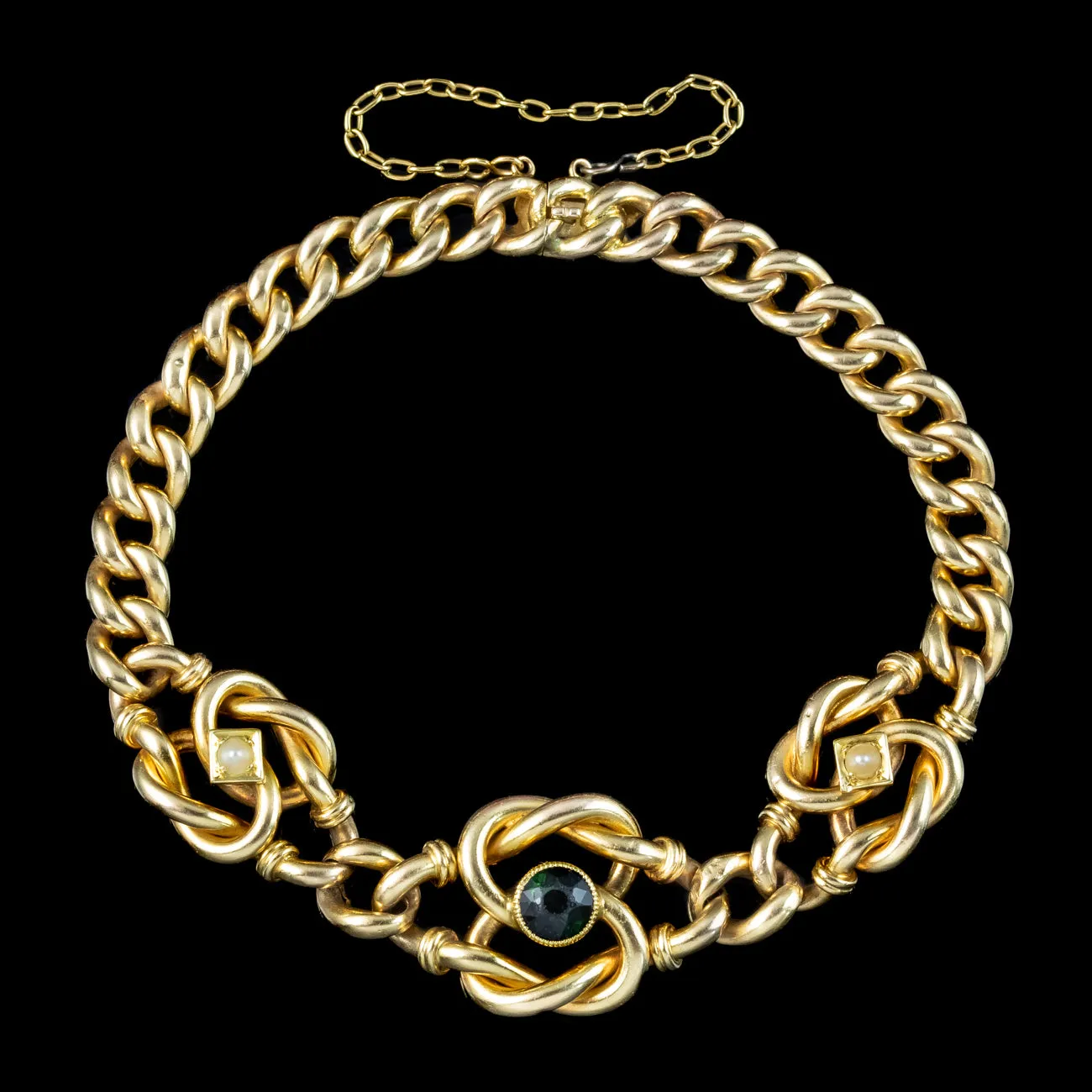 Antique Victorian Green Tourmaline Pearl Curb Bracelet 15ct Gold