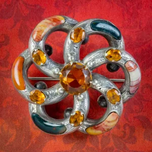 Antique Victorian Scottish Agate Brooch Silver Circa 1860