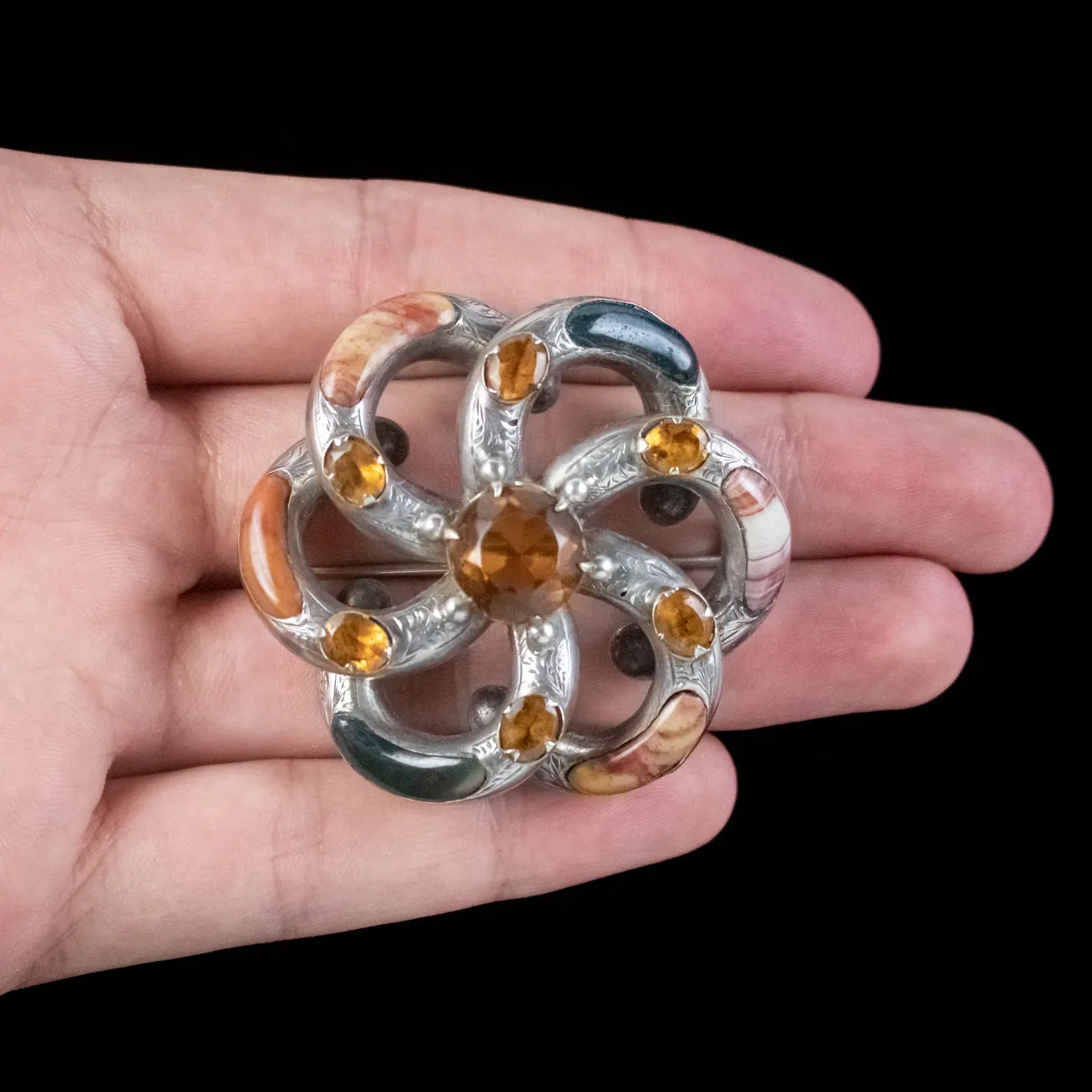 Antique Victorian Scottish Agate Brooch Silver Circa 1860