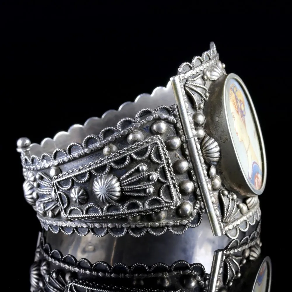 Antique Victorian Silver Portrait Of A Young Woman Bangle