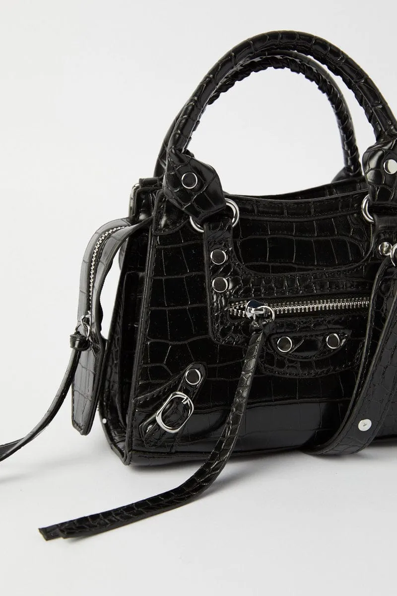 Black Croc Top Handle Crossbody Bag