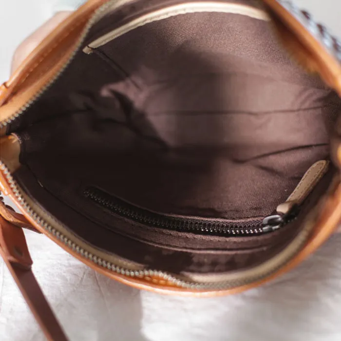Boho Womens Half Round Brown Leather Braided Crossbody Purse Small Shoulder Bag for Women