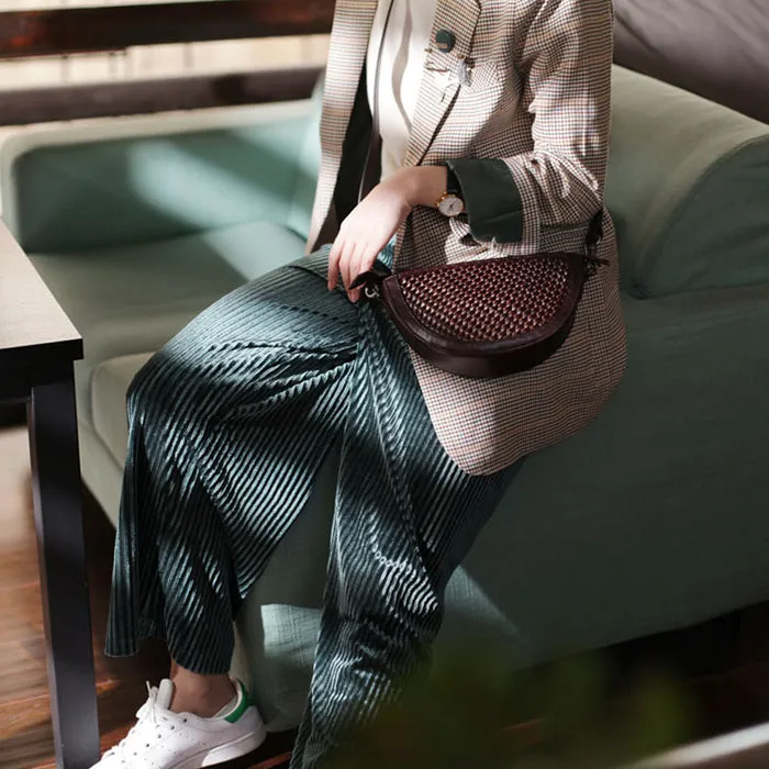 Boho Womens Half Round Brown Leather Braided Crossbody Purse Small Shoulder Bag for Women