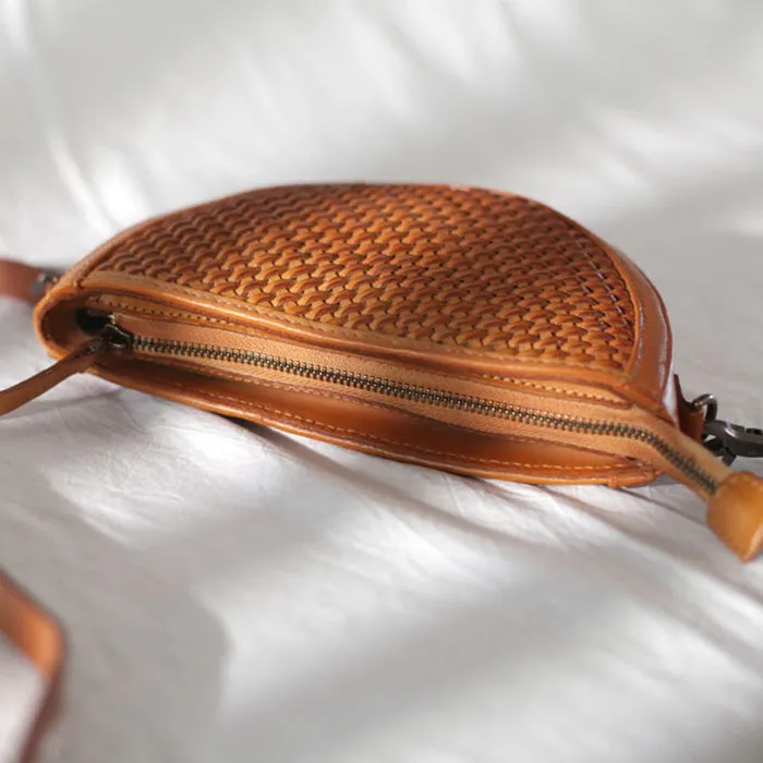 Boho Womens Half Round Brown Leather Braided Crossbody Purse Small Shoulder Bag for Women