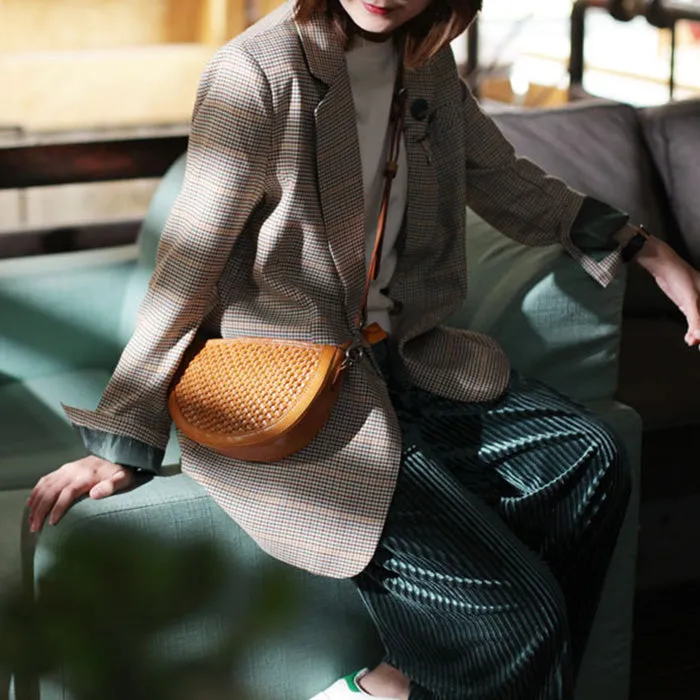 Boho Womens Half Round Brown Leather Braided Crossbody Purse Small Shoulder Bag for Women