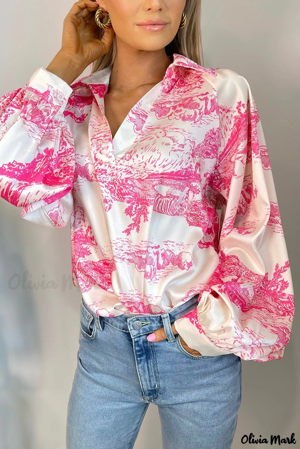 Deanwangkt - White Graphic Print Turndown Collar Long Sleeve Shirt