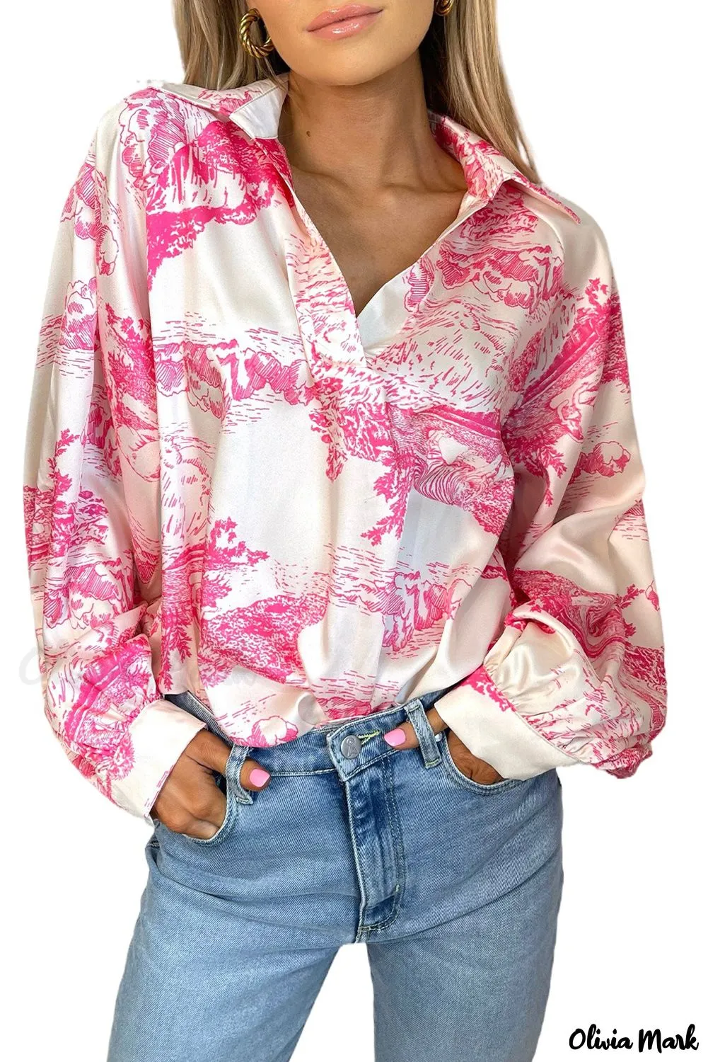 Deanwangkt - White Graphic Print Turndown Collar Long Sleeve Shirt