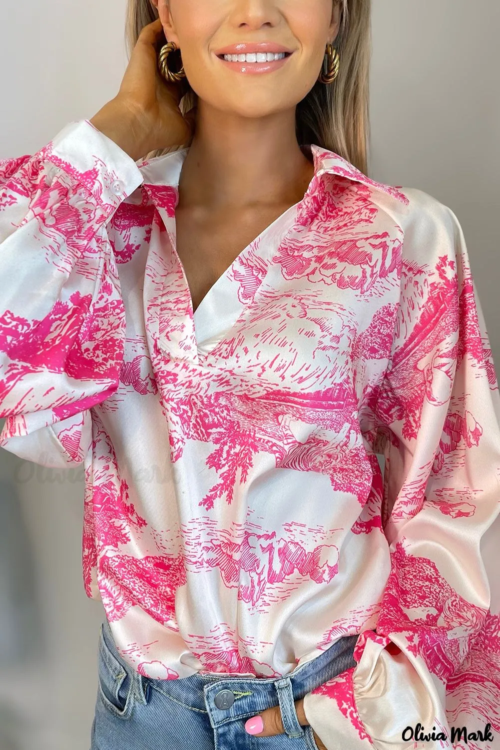 Deanwangkt - White Graphic Print Turndown Collar Long Sleeve Shirt