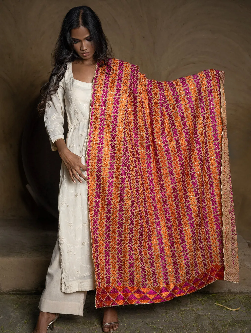 Exquisite & Intricate Hand Embroidered Phulkari Dupatta - Vibrant Stars