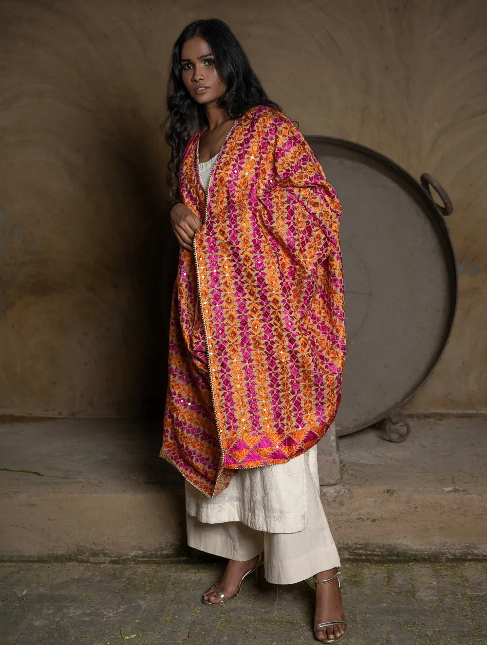 Exquisite & Intricate Hand Embroidered Phulkari Dupatta - Vibrant Stars