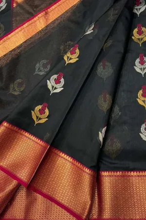 Exquisite Black Chanderi Silk Saree - Handloom Beauty