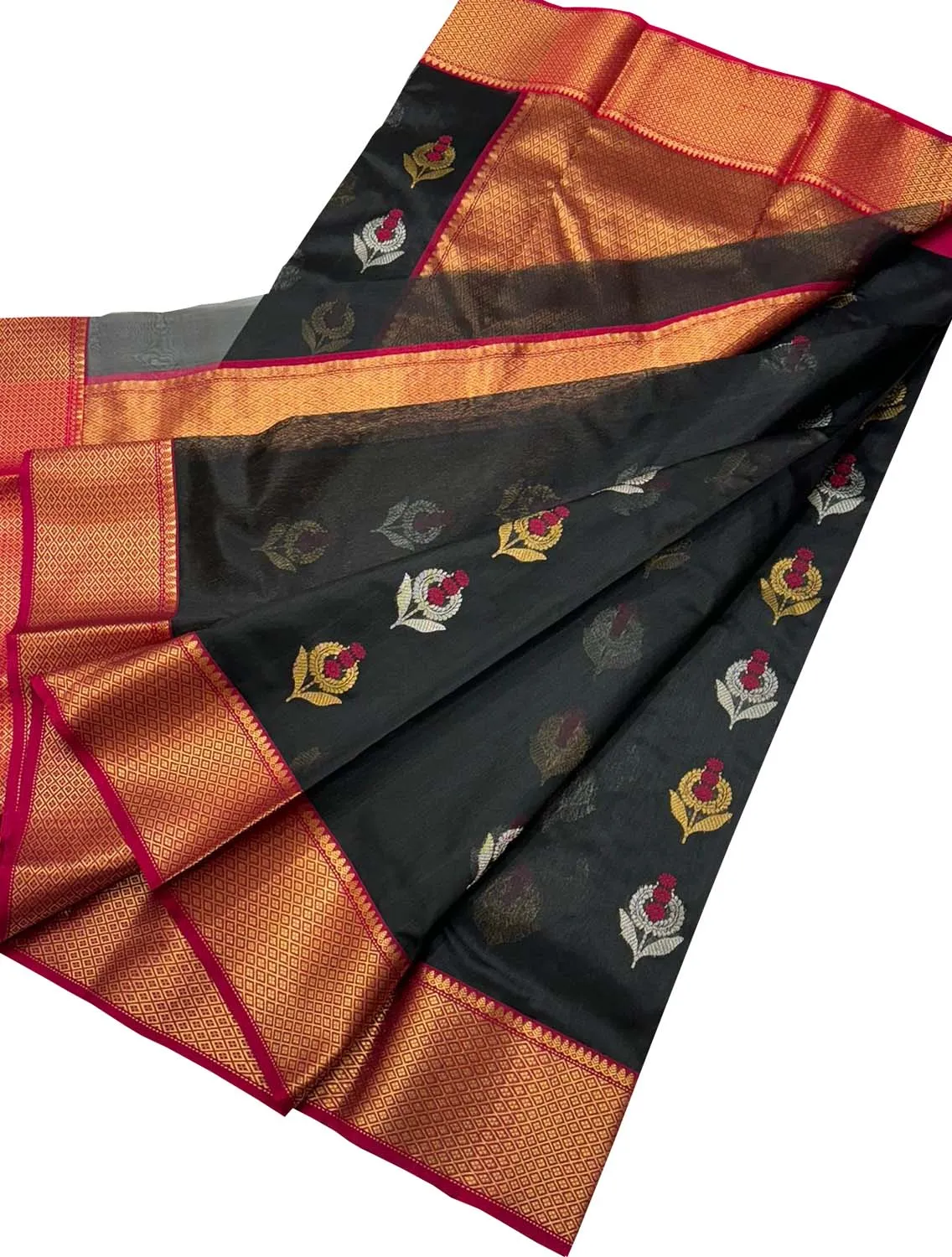 Exquisite Black Chanderi Silk Saree - Handloom Beauty