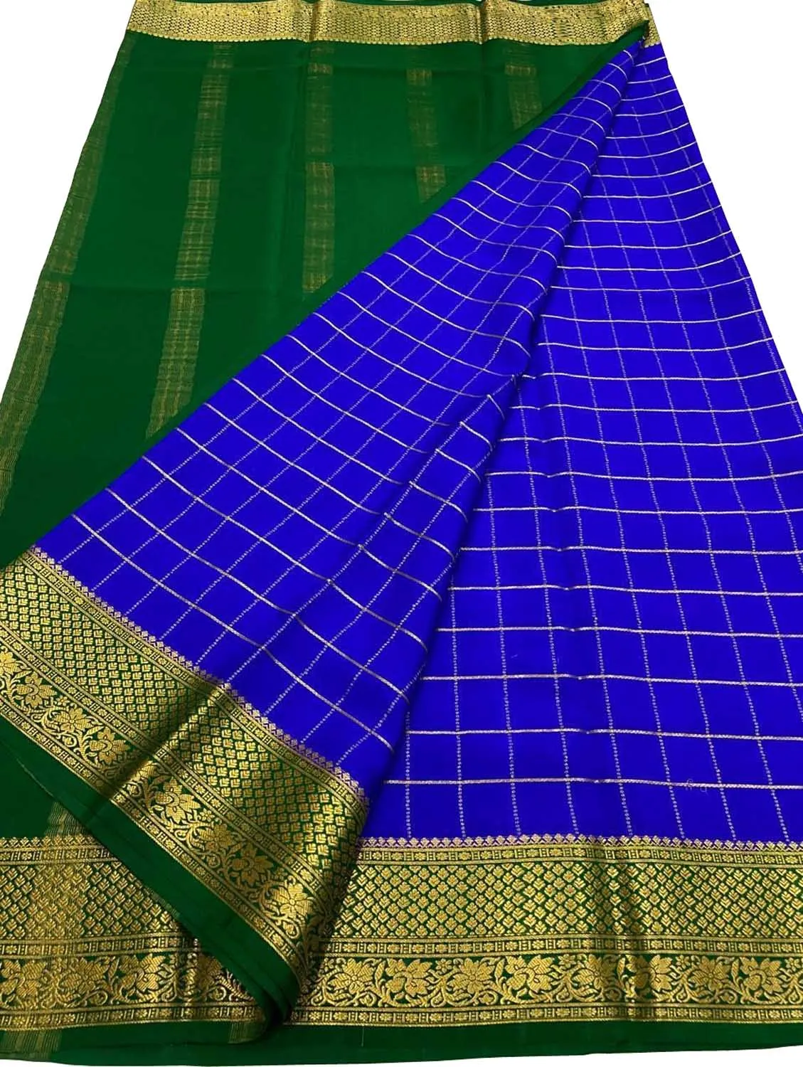 Exquisite Blue & Green Mysore Handloom Crepe Silk Saree