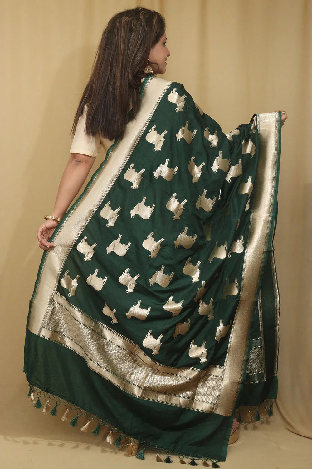 Exquisite Green Banarasi Silk Dupatta with Cow Motif