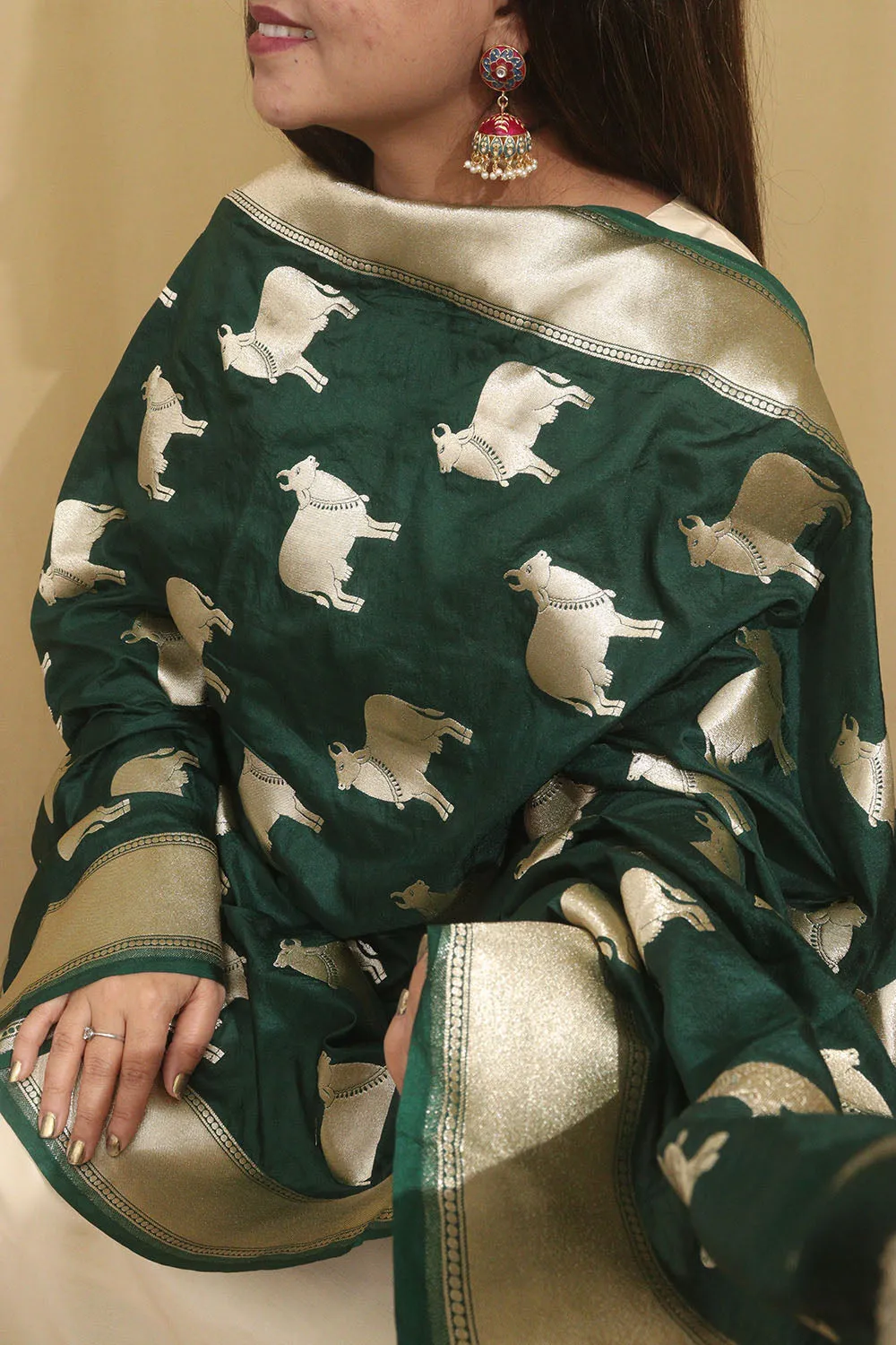 Exquisite Green Banarasi Silk Dupatta with Cow Motif