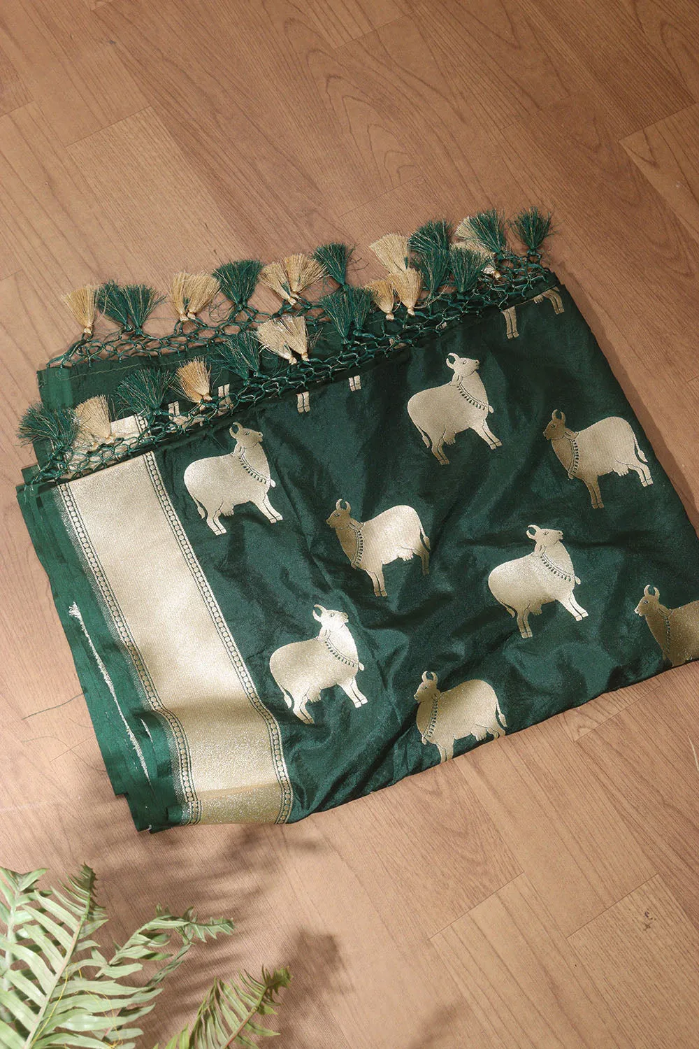 Exquisite Green Banarasi Silk Dupatta with Cow Motif