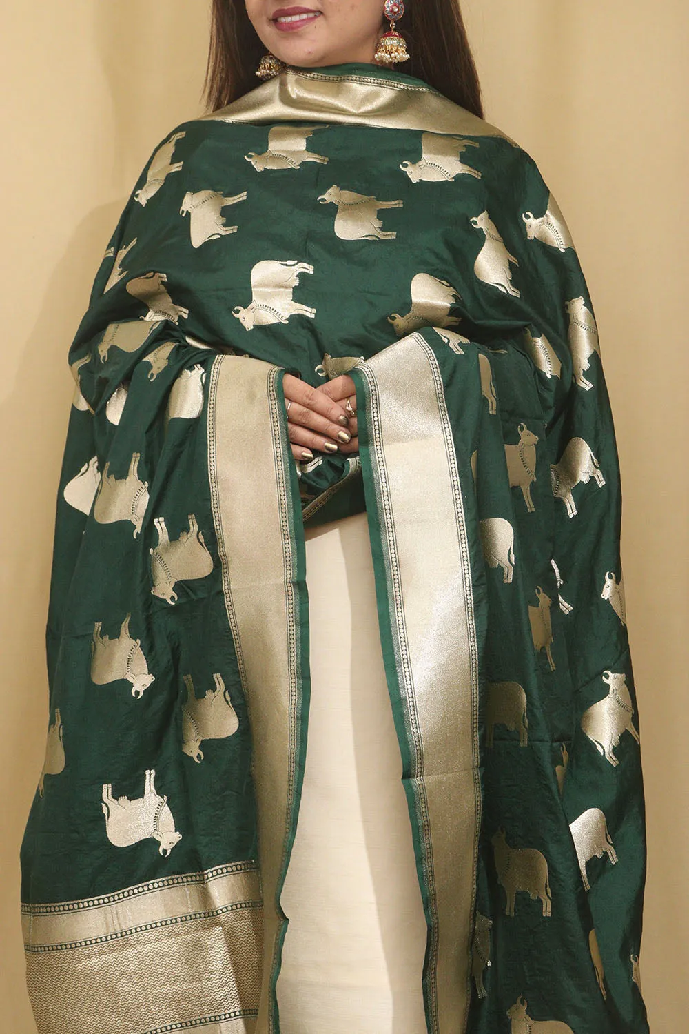 Exquisite Green Banarasi Silk Dupatta with Cow Motif