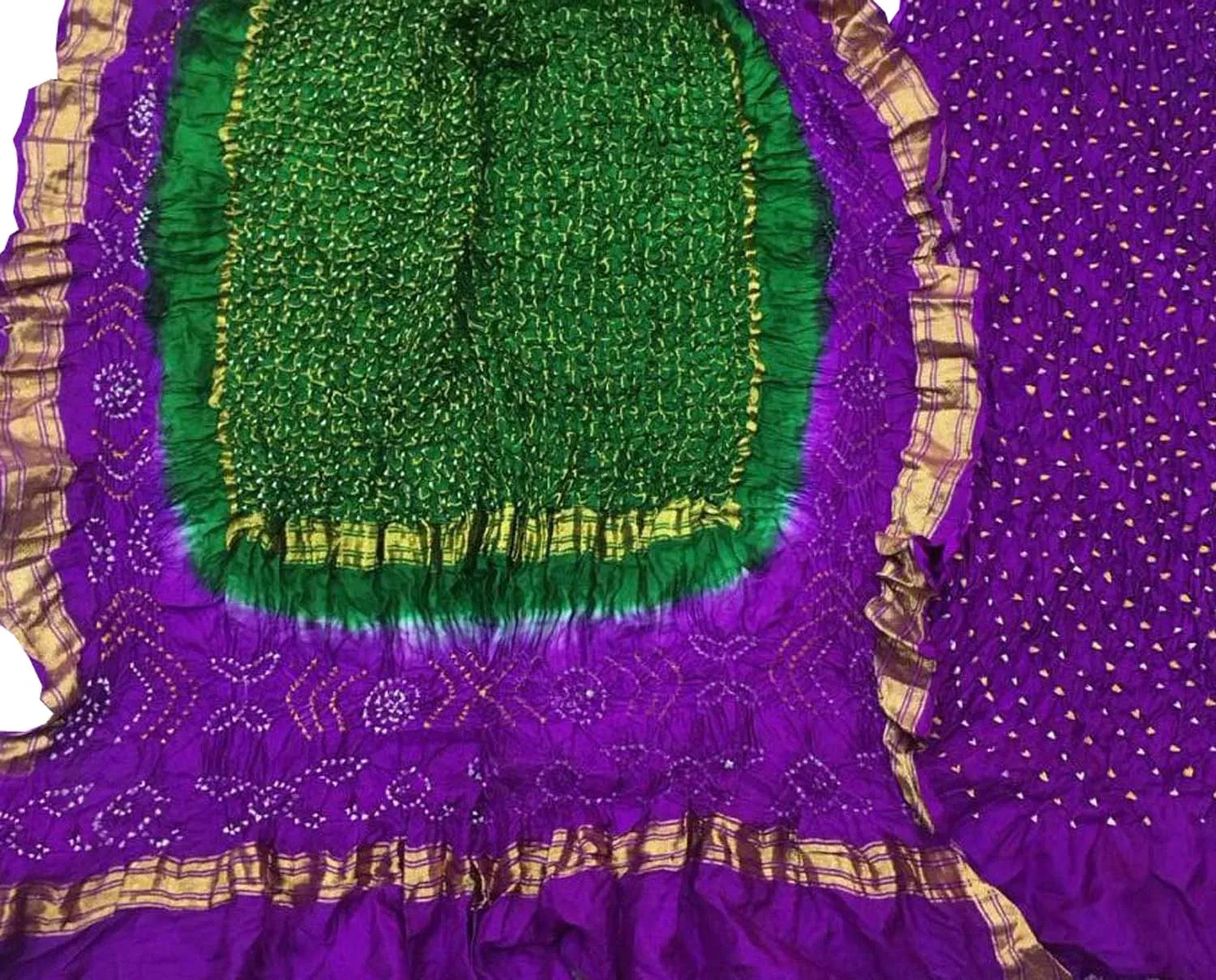 Exquisite Purple & Green Bandhani Silk Suit: Unstitched Elegance