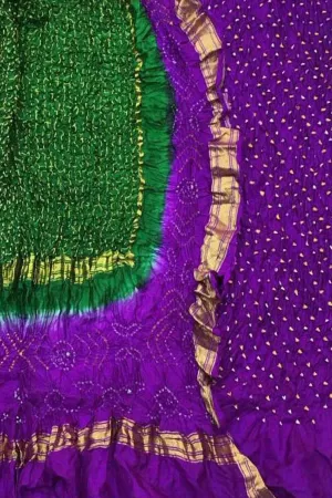 Exquisite Purple & Green Bandhani Silk Suit: Unstitched Elegance