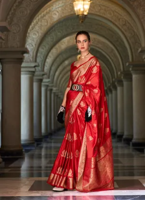 Exquisite Ravishing Red Munga Silk Zari Weaved Saree