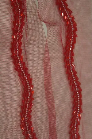 Exquisite Red Lace with Intricate Handwork Embellishments