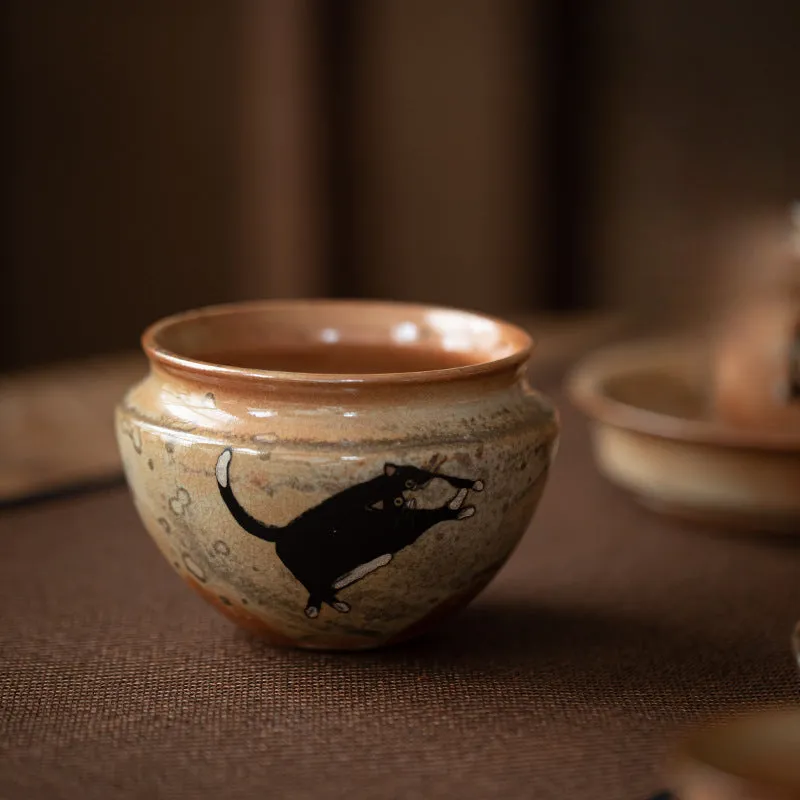 Gohobi Handmade Black Ink Hand-painted Cat Bowl 001
