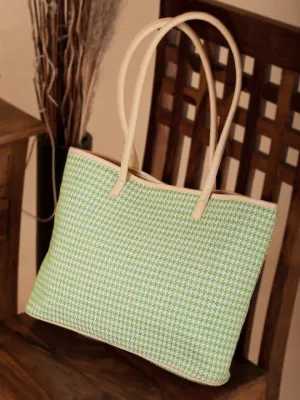 Green and White Jacquard Self Design Tote Bag with Tassel Detail