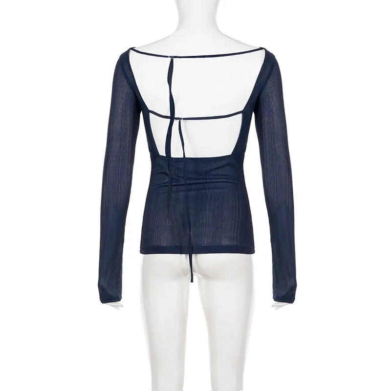 Harajuku Basic Knit Women T-shirt Long Sleeve Thin Backless Korean Style Top Tee All-Match Solid Pullover Transparent