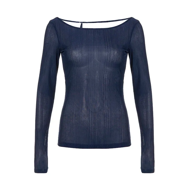 Harajuku Basic Knit Women T-shirt Long Sleeve Thin Backless Korean Style Top Tee All-Match Solid Pullover Transparent